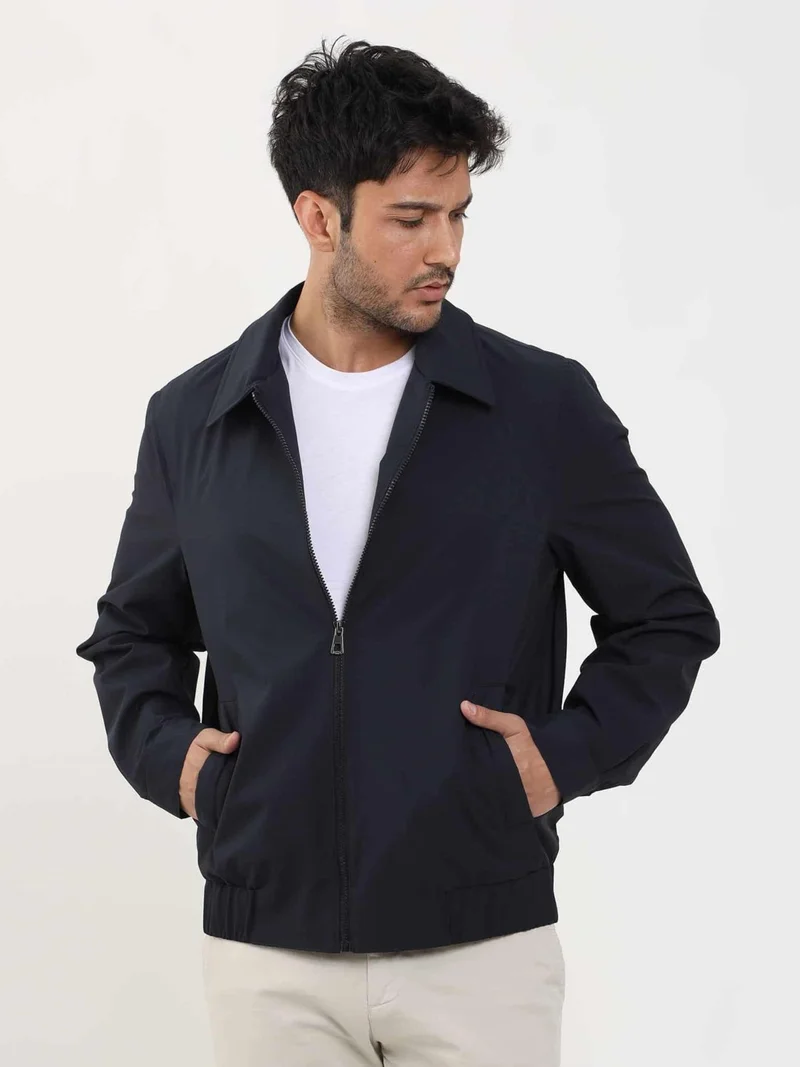 Dufy Navy Blue Men's Regular Fit Plain Classic Collar Bomber Coat - 104394