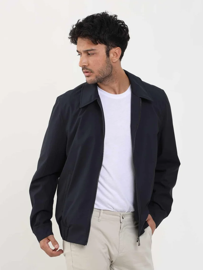 Dufy Navy Blue Men's Regular Fit Plain Classic Collar Bomber Coat - 104394