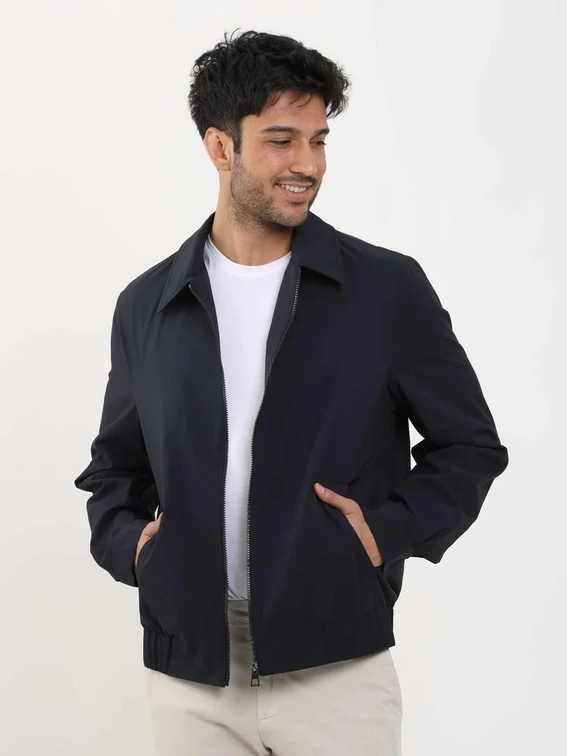 Dufy Navy Blue Men's Regular Fit Plain Classic Collar Bomber Coat - 104394