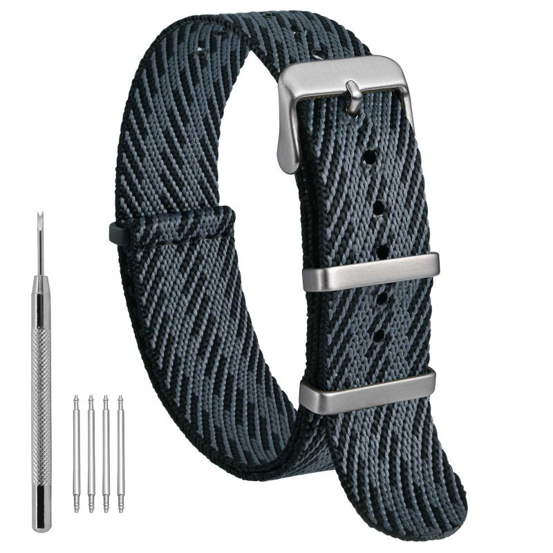 WOCCI 18mm Military Nylon Watch Band, One-piece Nylon Strap for Men and Women, Silver Buckle (Grey Black) - Image 1