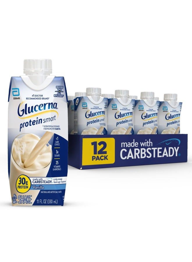 Glucerna شيك رعاية السكري الذكي بالبروتين، فانيليا، بديل وجبة لمرضى السكري لدعم إدارة مستوى السكر في الدم، 30 جرام بروتين، 150 سعرة حرارية، جاهز للشرب، زجاجة سعة 11 أونصة سائلة، 12 عبوة - Image 1