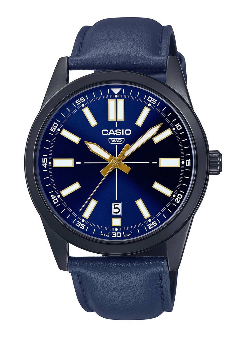 CASIO - Round Shape Analog Leather Strap Wrist Watch MTP-VD02BL-2EUDF - 41mm - Blue - Image 1