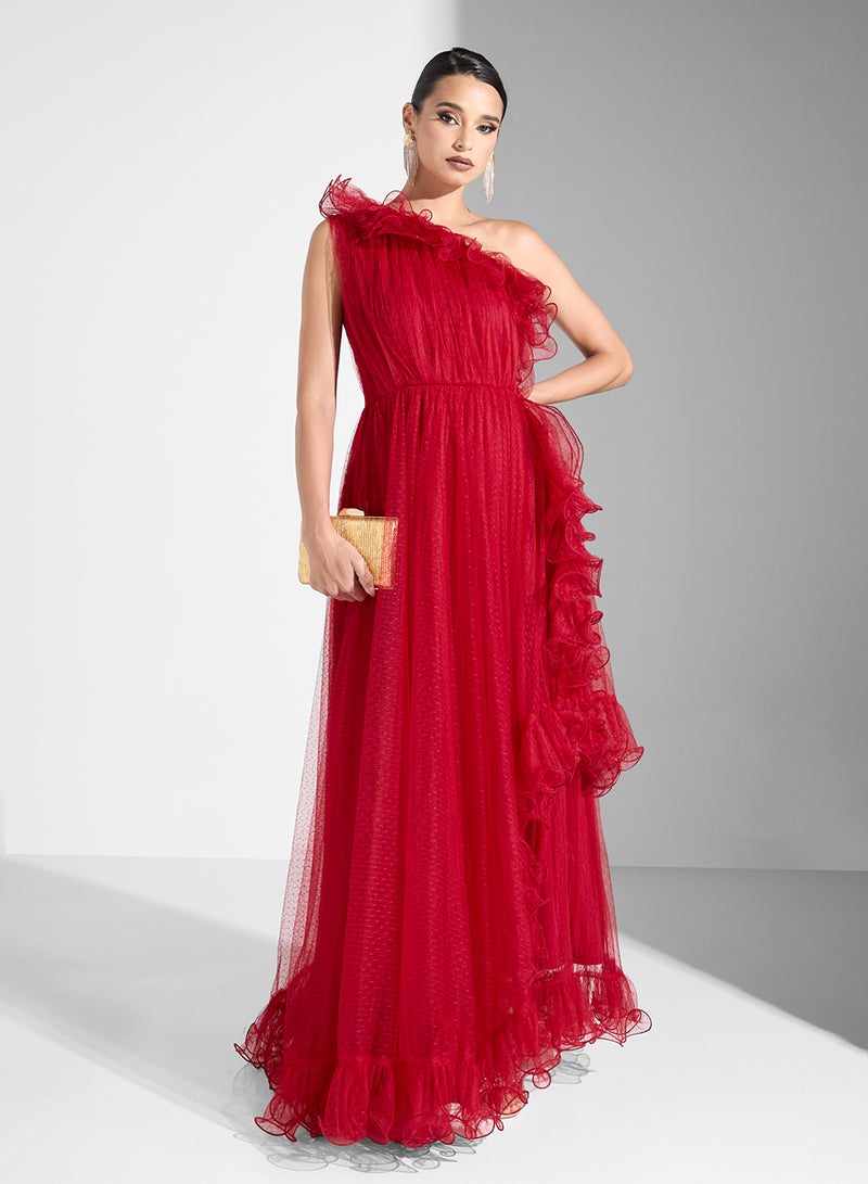 Namshi x Red Ruffled Gown Dress - Image 1