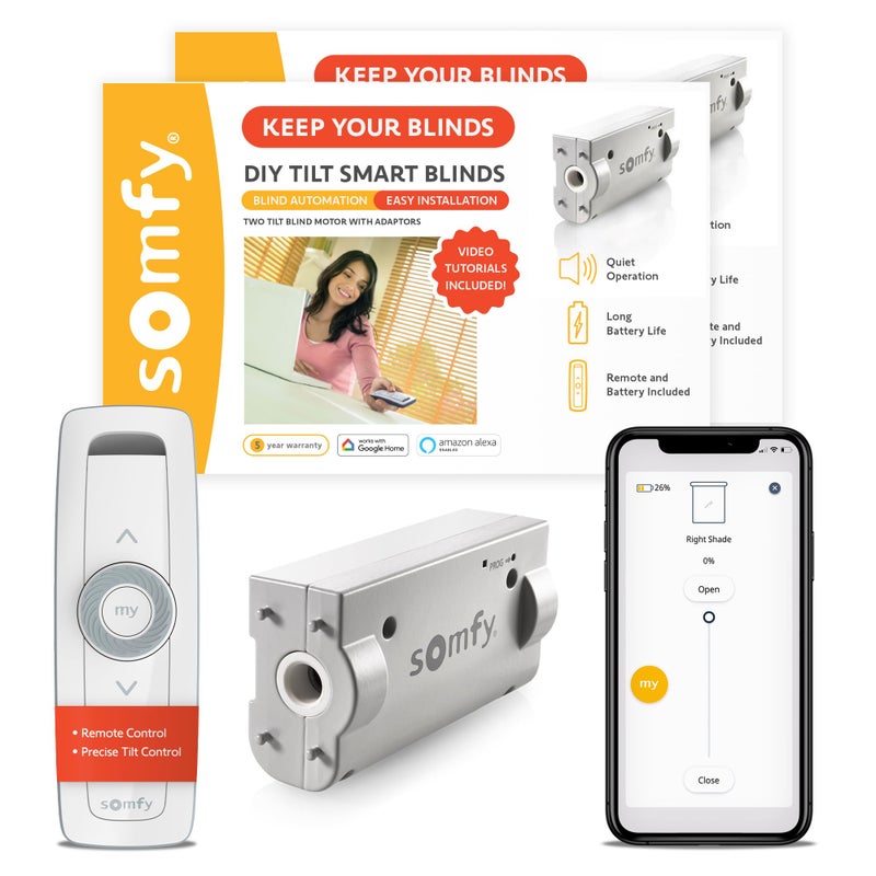 Somfy Clever Tilt Blind Motor Kit 2 Pack Fits Your Existing 2 Horizontal Blinds Smart Blinds for Security Glare Natural Light Automatic Blinds Opener Includes Remote Motor and Charger