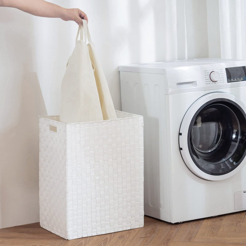 YOUDENOVA Handwoven Laundry Basket Hamper with Removable Bag and Lid, Collapsible Clothes Hamper with Handle, White - Image 3
