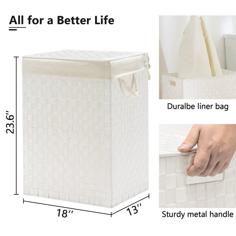 YOUDENOVA Handwoven Laundry Basket Hamper with Removable Bag and Lid, Collapsible Clothes Hamper with Handle, White - Image 2