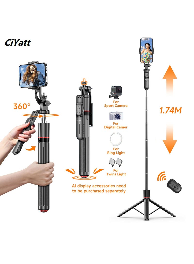 CiYatt 68.5 ''Selfie Stick Tripod With Wireless Remote Control,Auto-Open Phone Tripod Stand，With Balance Handle ，Support 360°Rotation，Compatible With Various Mobile Phones And Sports Cameras (1/4 inch nut)，Portable And Lightweight Travel Tripod For Video Recording - Image 1