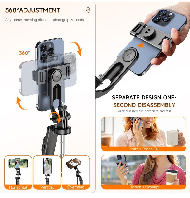 CiYatt 68.5 ''Selfie Stick Tripod With Wireless Remote Control,Auto-Open Phone Tripod Stand，With Balance Handle ，Support 360°Rotation，Compatible With Various Mobile Phones And Sports Cameras (1/4 inch nut)，Portable And Lightweight Travel Tripod For Video Recording - Image 2