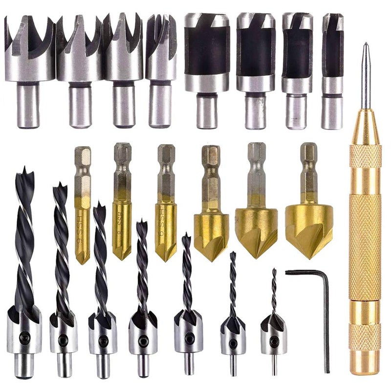 Rocaris 23-Pack Woodworking Chamfer Drilling Tool, 6pcs 1/4" Hex 5 Flute 90 Degree Countersink Drill Bits, 7pcs Three Pointed with L-Wrench, 8PCS Wood Plug Cutter, and Automatic - Image 1