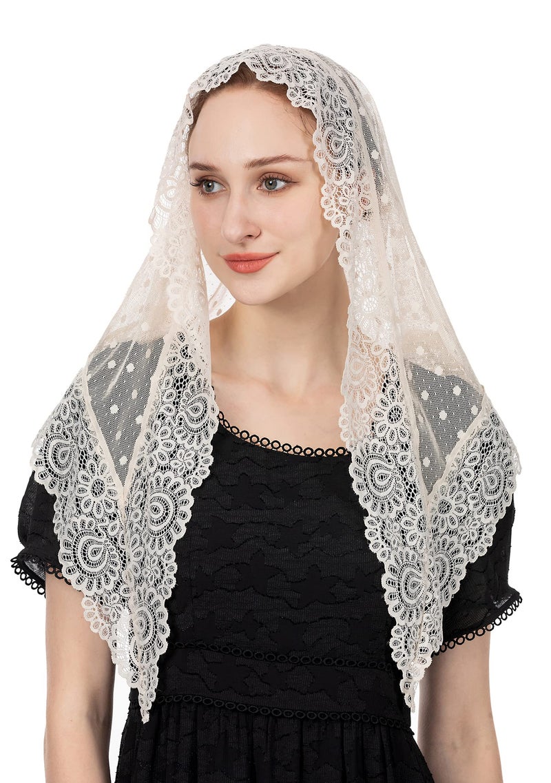Wgior Triangle Vintage Inspired Lace Chapel Veils Catholic Mass Head Covering Scarf Mantilla Veils for Church (Ivory) - Image 3