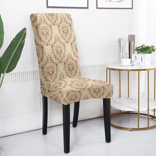 BRIDA® Polyester Spandex Stretchable Floral Geometric Printed Dining Chair Covers Elastic Chair Seat Case Protector, Slipcovers (6 Seater Table Cover + 6 Chair Cover, Damask Brown) - Image 2