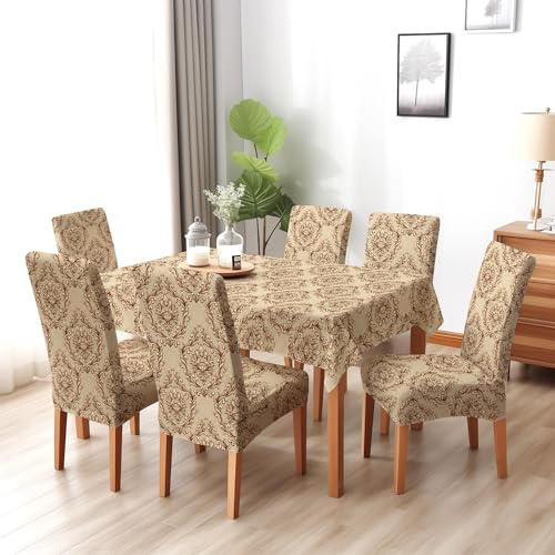 BRIDA® Polyester Spandex Stretchable Floral Geometric Printed Dining Chair Covers Elastic Chair Seat Case Protector, Slipcovers (6 Seater Table Cover + 6 Chair Cover, Damask Brown) - Image 1