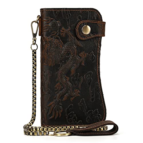 LUUFAN Mens Genuine Leather Long Wallet Chain Wallet Card holder Wallet with Coin Pocket Dragon Dark Brown - Image 1