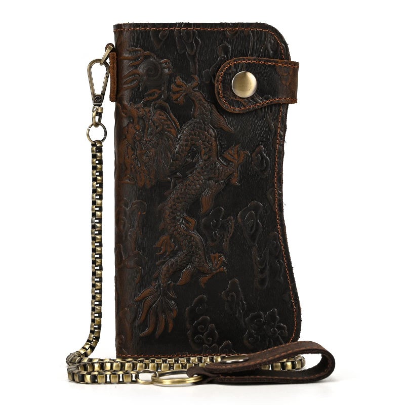 LUUFAN Mens Genuine Leather Long Wallet Chain Wallet Card holder Wallet with Coin Pocket Dragon Dark Brown - Image 2