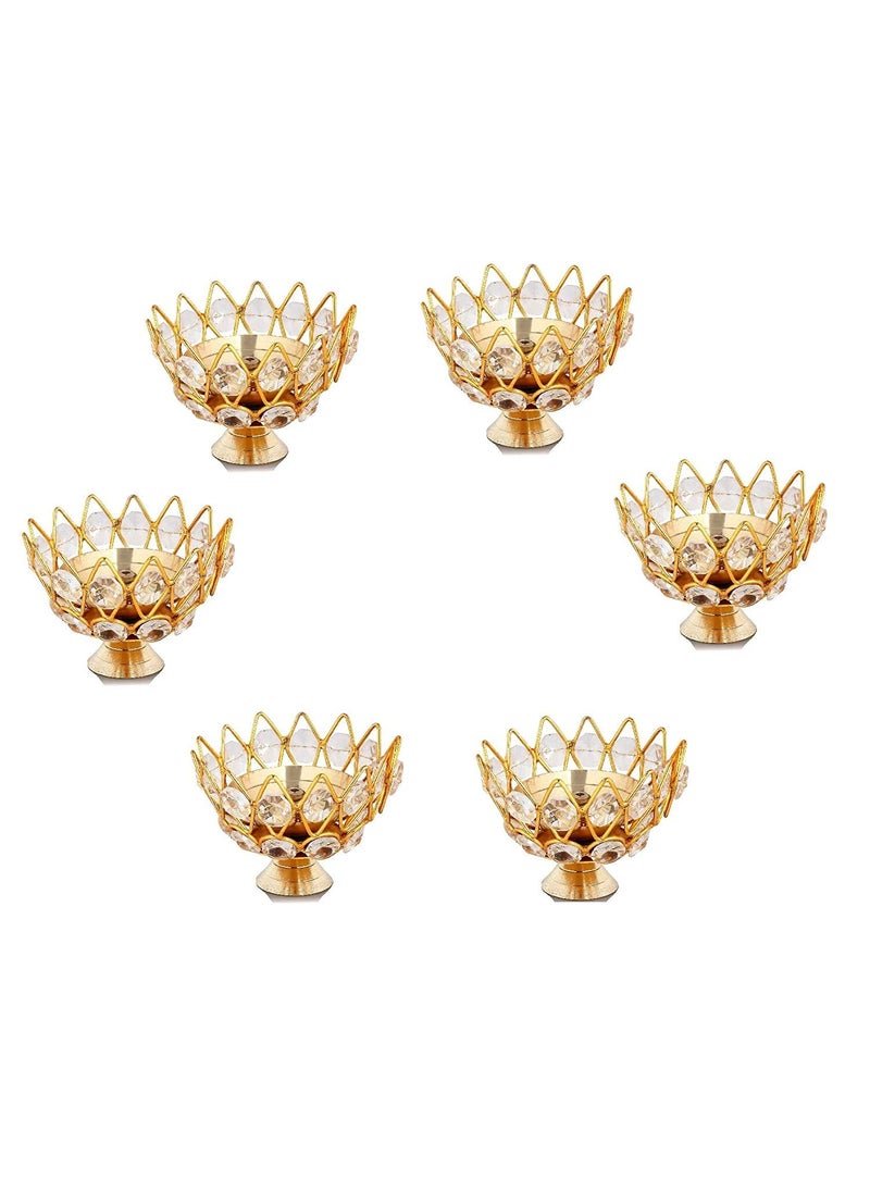 A & S VENTURES AS Ventures Brass Diya Crystal Round Shape Kamal Deep Akhand Jyoti Oil Lamp for Temple Diwali Puja Decorations Set of 6  - Image 1