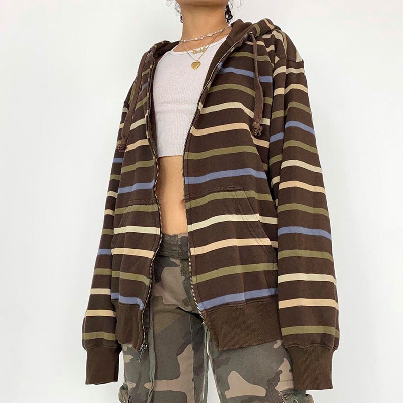 Vintage Stripe Patchwork Hoodie Women Autumn Casual Color 