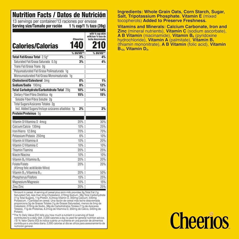 Cheerios شيريُوس حبوب الإفطار الصحية للقلب خالية من الجلوتين مع الشوفان الكامل، حجم عائلي، 18 أونصة - Image 2