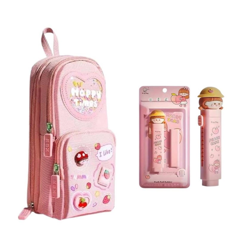 Baethan Kawaii Pencil Pouch 3 Compartment Cute Pencil Poucha Aesthetic Pencil for Erasers+Pink Free for Pencil Pouch Multifunctional Stationery Organizer for School Office (Erasers+Pink) - Image 1