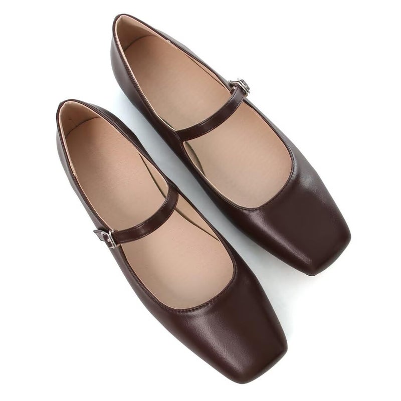 Stunner Womens Mary Jane Flats Fashion Square Toe Soft Ballet Flats Comfort Leather Office Driving Flats Brown 44105