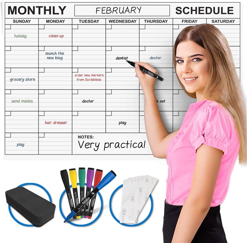 Scribbledo Large 24"x36" White Board Calendar Dry Erase for Wall Big Dry Erase Wall Calendar Monthly Large Wall Calendar Dry Erase Board Planner Includes 6 Markers Eraser Push Pins & Mounting Tape - Image 1