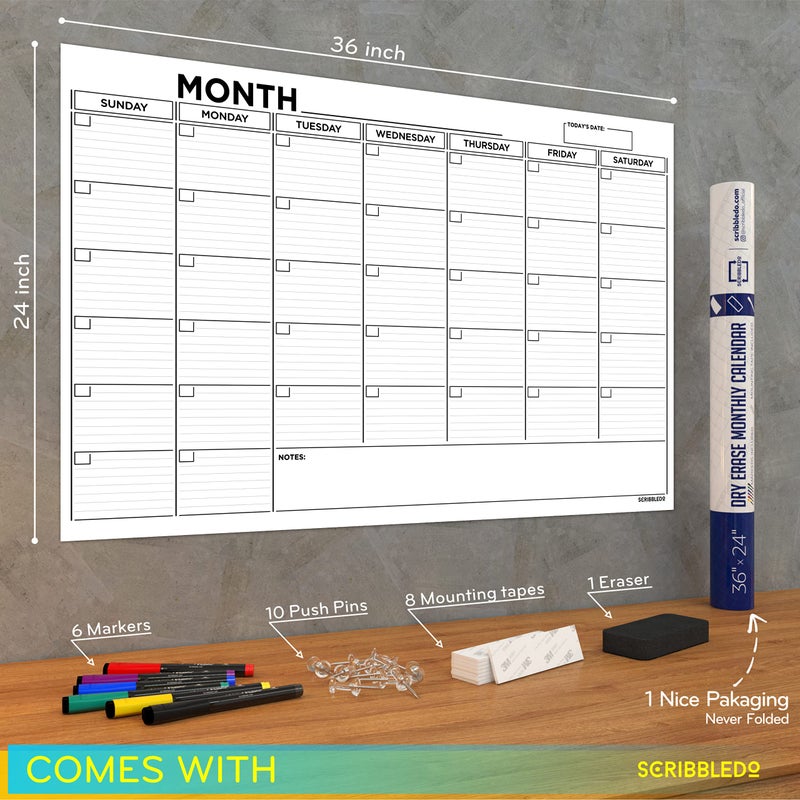 Scribbledo Large 24"x36" White Board Calendar Dry Erase for Wall Big Dry Erase Wall Calendar Monthly Large Wall Calendar Dry Erase Board Planner Includes 6 Markers Eraser Push Pins & Mounting Tape - Image 2