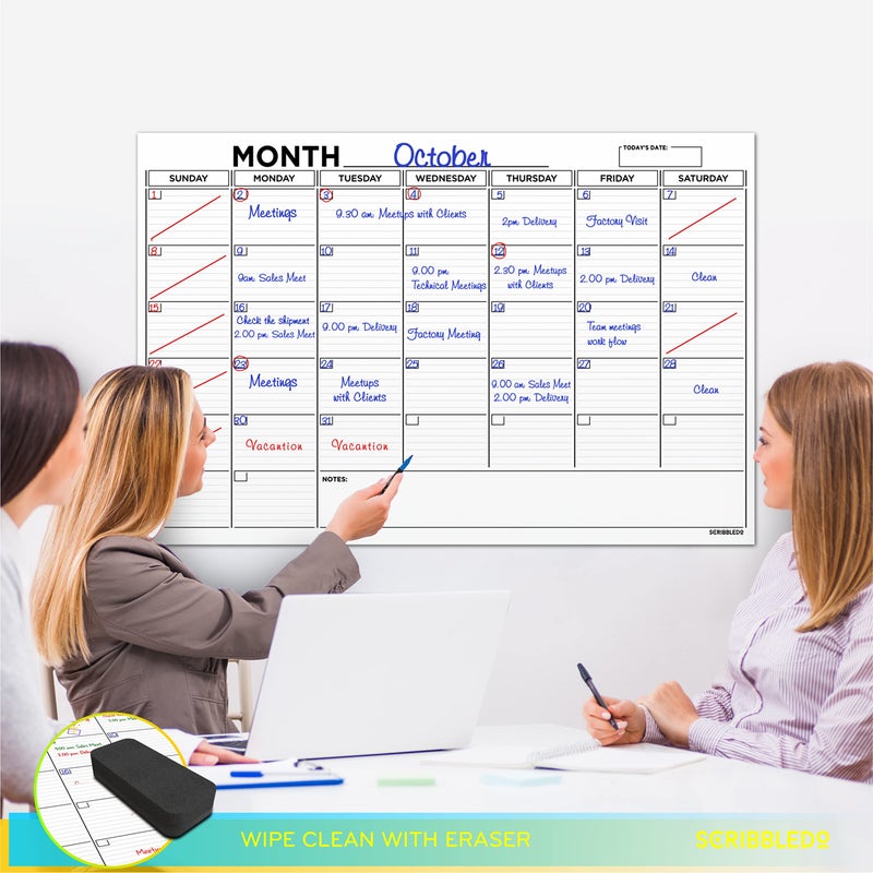 Scribbledo Large 24"x36" White Board Calendar Dry Erase for Wall Big Dry Erase Wall Calendar Monthly Large Wall Calendar Dry Erase Board Planner Includes 6 Markers Eraser Push Pins & Mounting Tape - Image 3