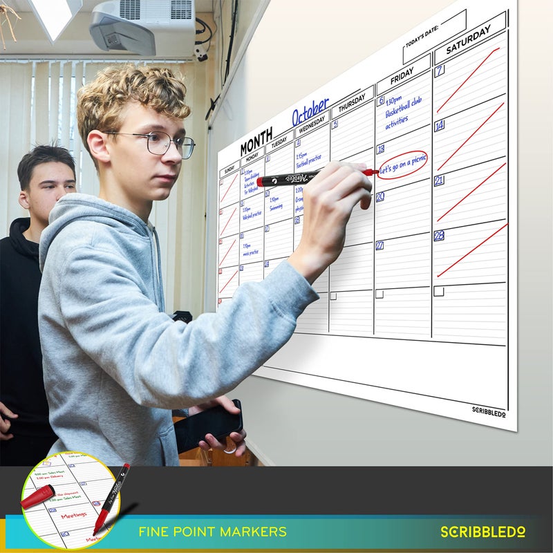 Scribbledo Large 24"x36" White Board Calendar Dry Erase for Wall Big Dry Erase Wall Calendar Monthly Large Wall Calendar Dry Erase Board Planner Includes 6 Markers Eraser Push Pins & Mounting Tape - Image 5