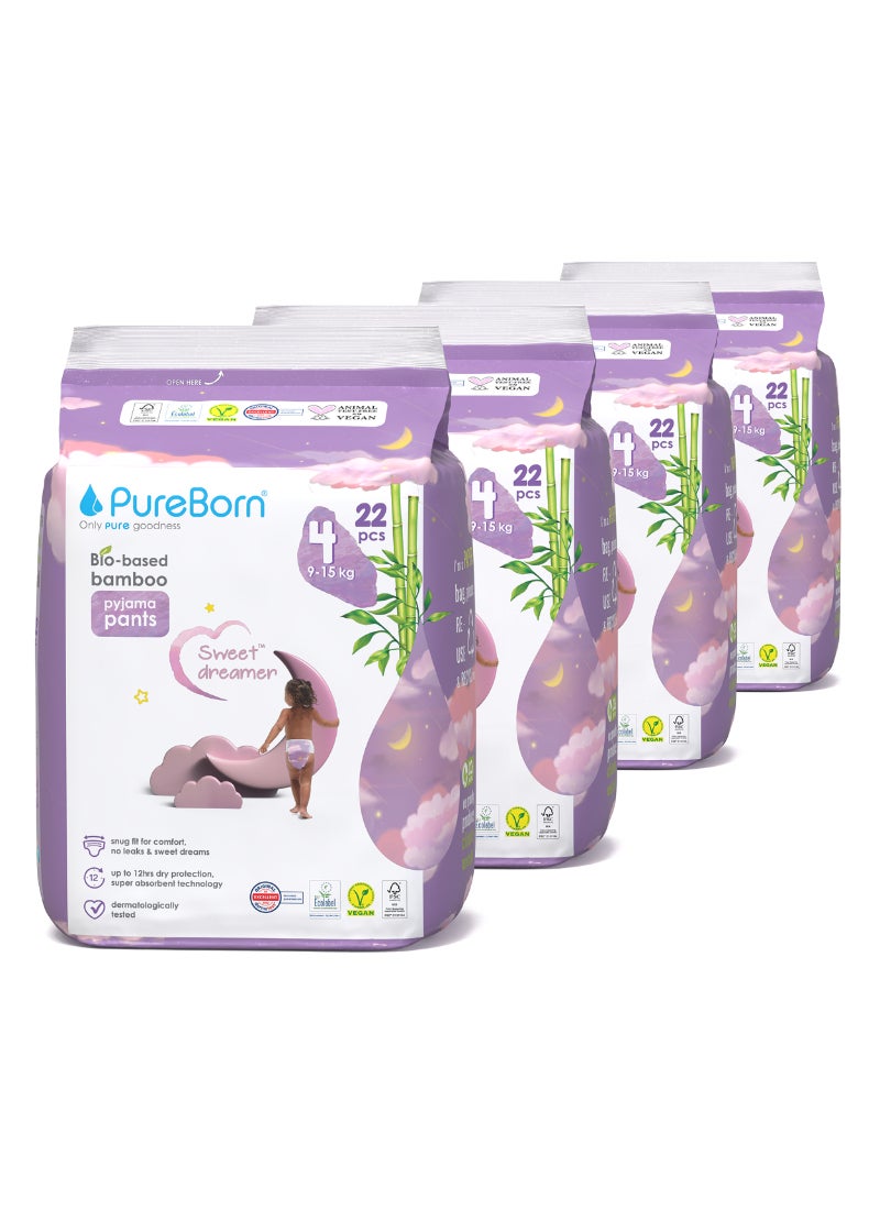 PureBorn Night Pants Size 4 9-15kg Assorted Prints 4 x 22 Diapers  - Image 1