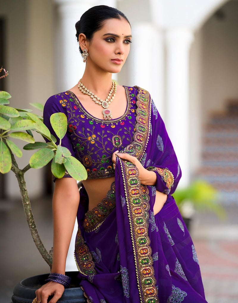 SIRIL Women's Bandhani Printed Georgette Sequence Lace Scalloped Border Saree with Unstitched Blouse Piece (4303S931_Purple) - Image 2
