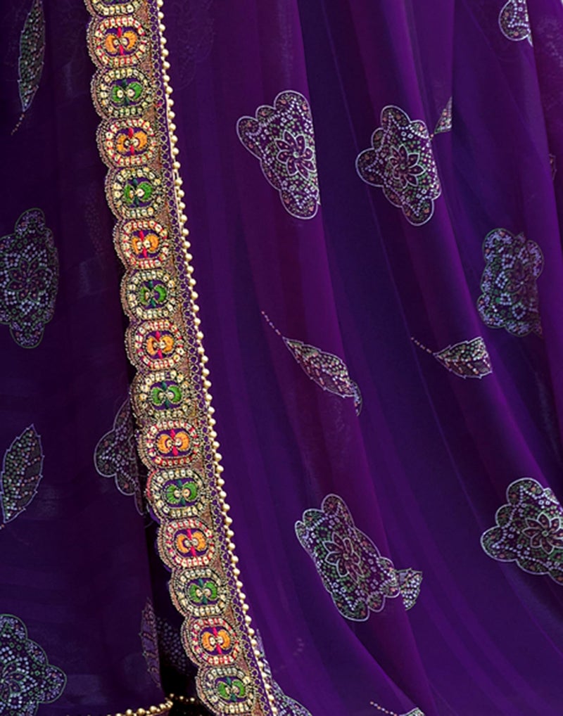 SIRIL Women's Bandhani Printed Georgette Sequence Lace Scalloped Border Saree with Unstitched Blouse Piece (4303S931_Purple) - Image 3