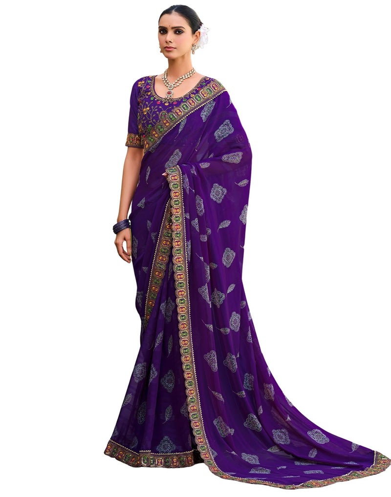 SIRIL Women's Bandhani Printed Georgette Sequence Lace Scalloped Border Saree with Unstitched Blouse Piece (4303S931_Purple) - Image 5