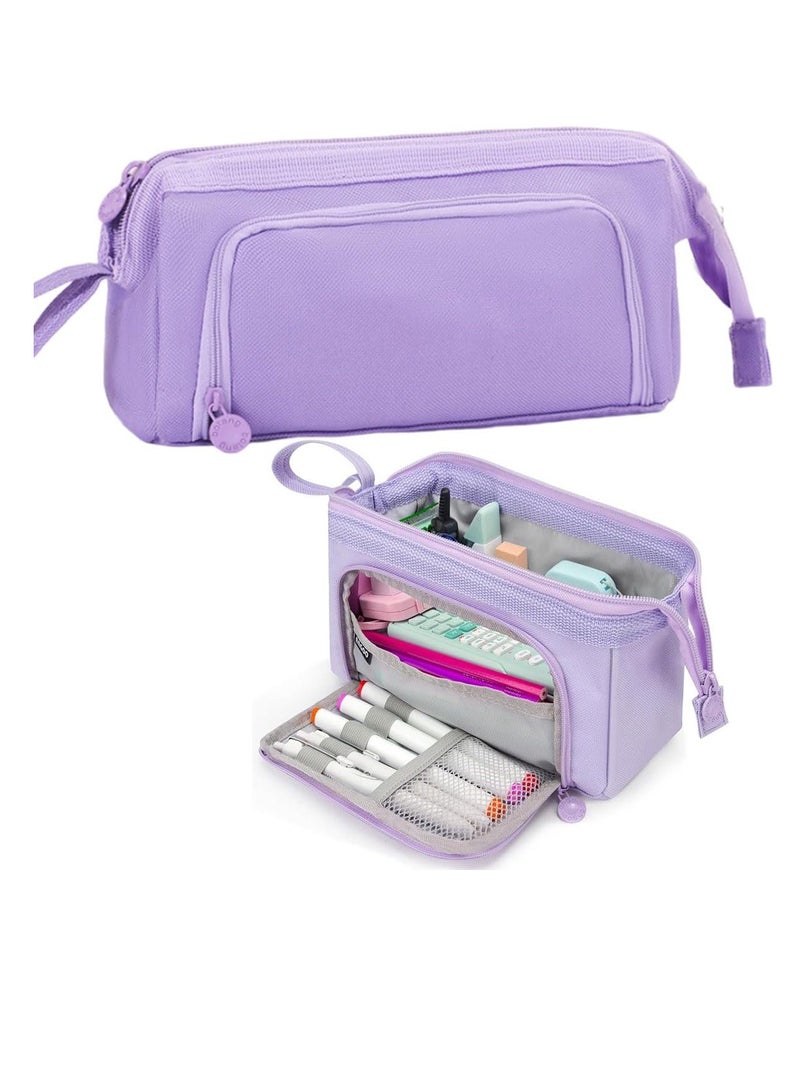 ECVV® Large Capacity Pen Pencil Case, Storage Pouch, Stationery Pen Bag, Office Supplier Holder Box Organizer, Marker Zip Case With Carry Handle for School Students Teens Girls Adults-Purple