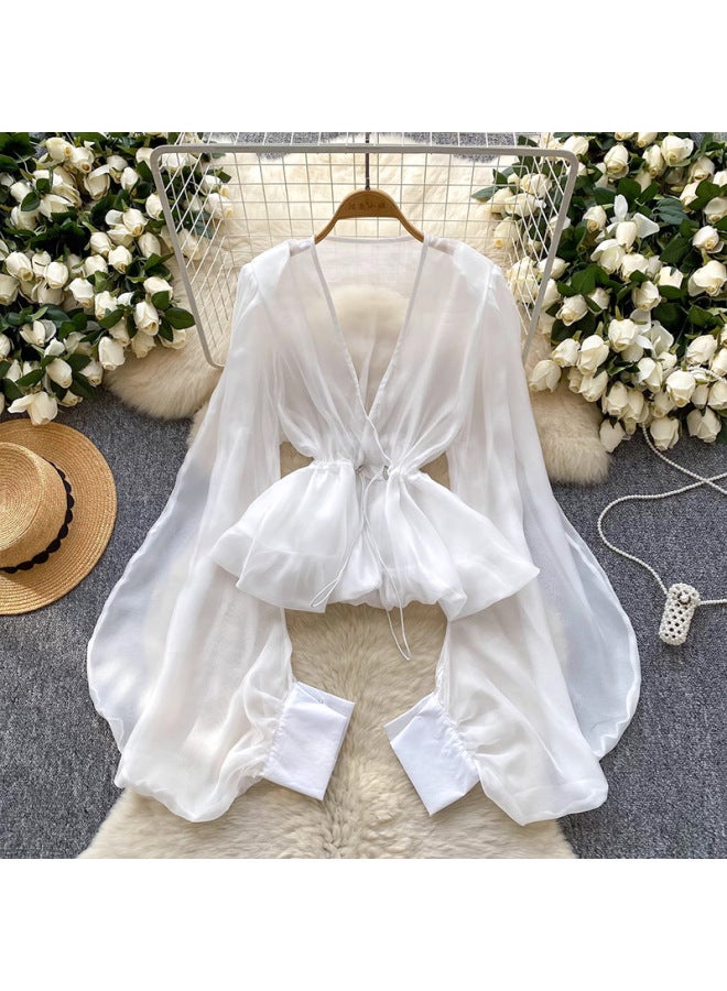 European Fashion Top Women's Design Sense Drawstring Waist V-Neck Lantern Sleeve Lotus Leaf Hem Thin Mesh Shirt For Women 