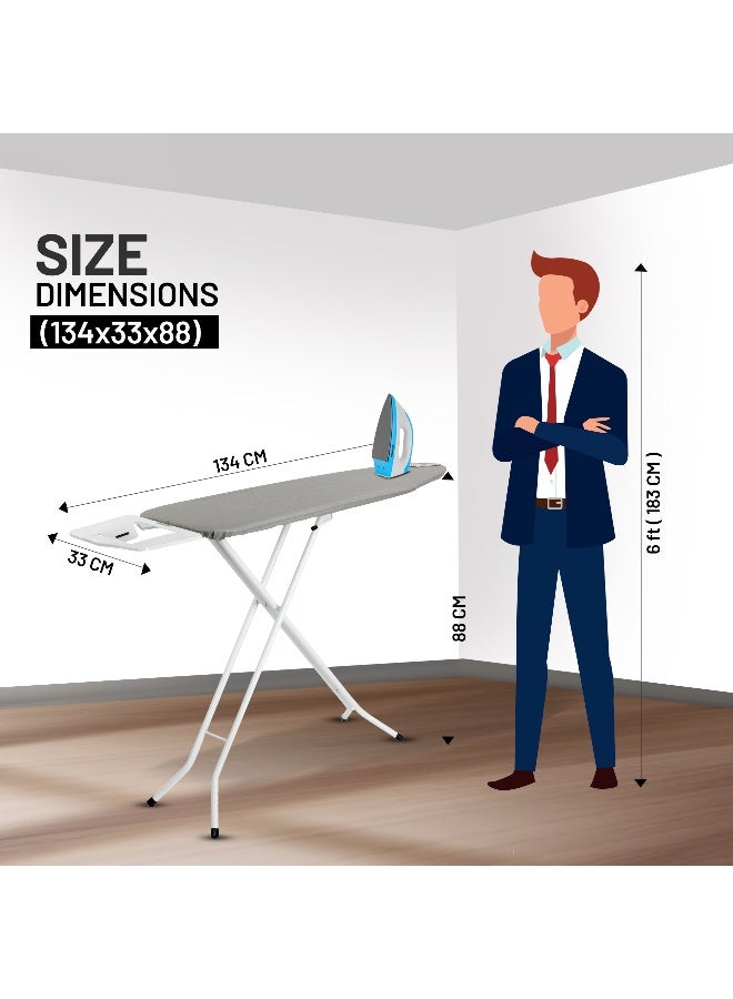 Royalford RF10089 Metalic Coated Classic Ironing Board - Adjustable Height 139 CM |  Width 34 CM | Length 110 CM|  Durable Heat Resistant Cotton Cover with 8mm Foam Pad for Large Size | Foldable Design | Non Slip Feet | Grey/White - Image 3