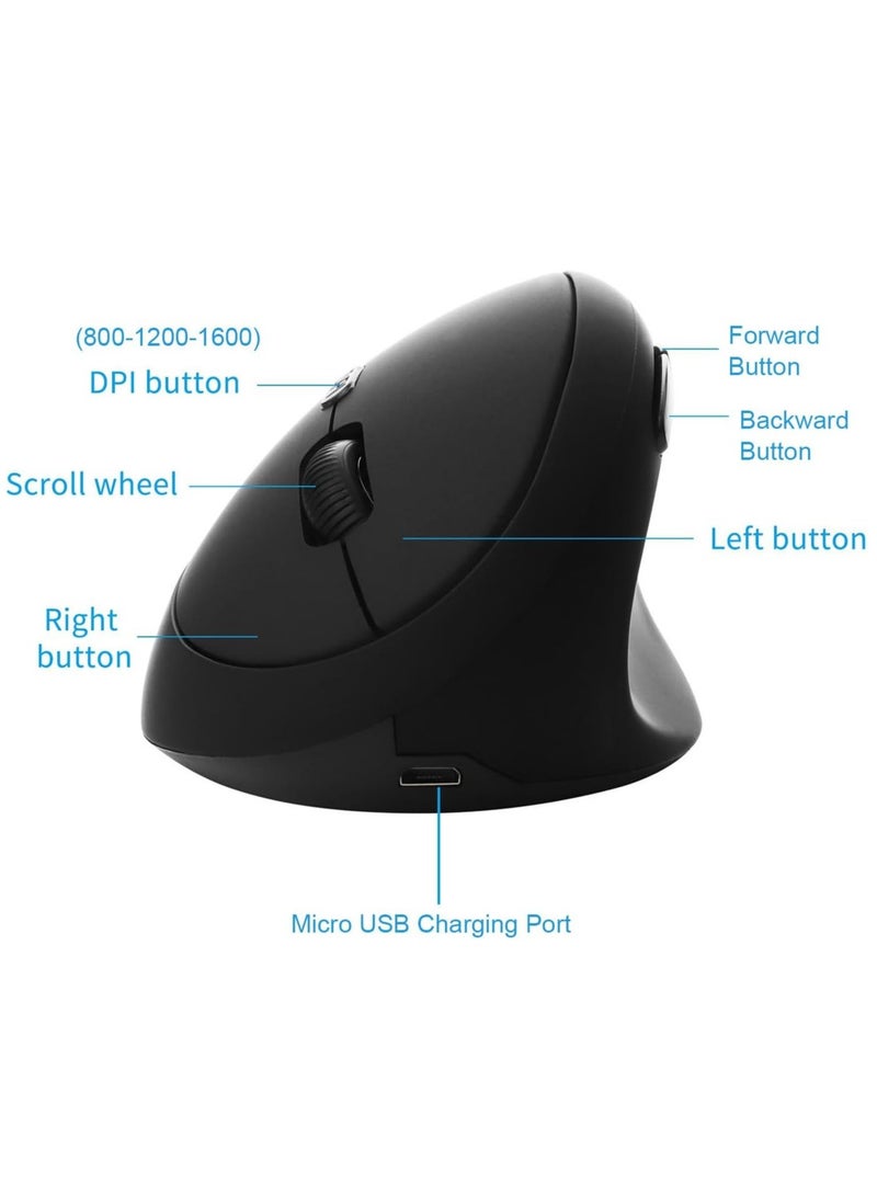 Ergonomic Wireless Vertical Mouse, Rechargeable 2.4G USB Portable Silent Optical Cordless Mouse with 6 Buttons 3 Adjustable DPI (800-1200-1600) for PC Desktop Laptop Notebook (Black)