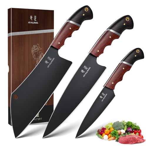 DRGSKL Japanese Chef Knife Set - 3 PCS Kitchen Utility Knife Sets for Cooking, Meat Cleaver Knives Set with Full Tang Wooden Handle, Gift for Mom - Image 1