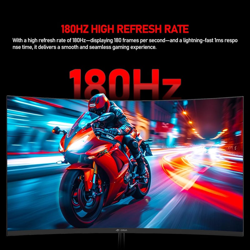 CRUA شاشة ألعاب 32 بوصة 2K 180Hz، دقة QHD (2560x1440) منحنية 1800R، شاشة كمبيوتر 1440P، سرعة 1ms (GTG)، 100% sRGB، FreeSync، مناسبة للألعاب الإلكترونية وتحرير الصور والفيديو والأعمال - Image 3