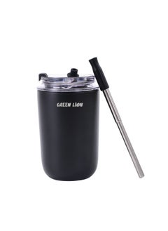 GREEN LION Vacuum Travel Mug Lite 280 ML / Stainless Steel Material / Keep 6hrs Hot / 280ml Capacity / Cup Holder Friendly / Food Grade Silicone Straw / Keep 12hrs Cold - Black  - Image 1