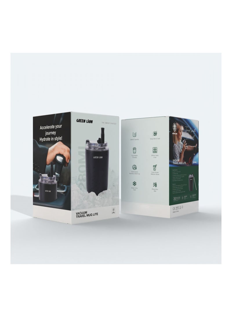 GREEN LION Vacuum Travel Mug Lite 280 mL / Stainless Steel Material / Keep 6hrs Hot / Cup Holder Friendly / Food Grade Silicone Straw / Keep 12hrs Cold - Black - Image 4