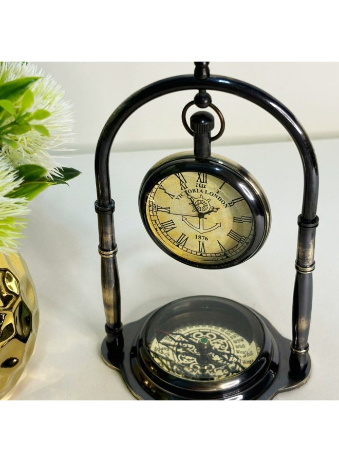 Rustic Charm Brass Desk Hanging Table Clock with Maritime Vintage Brass Compass - Image 4
