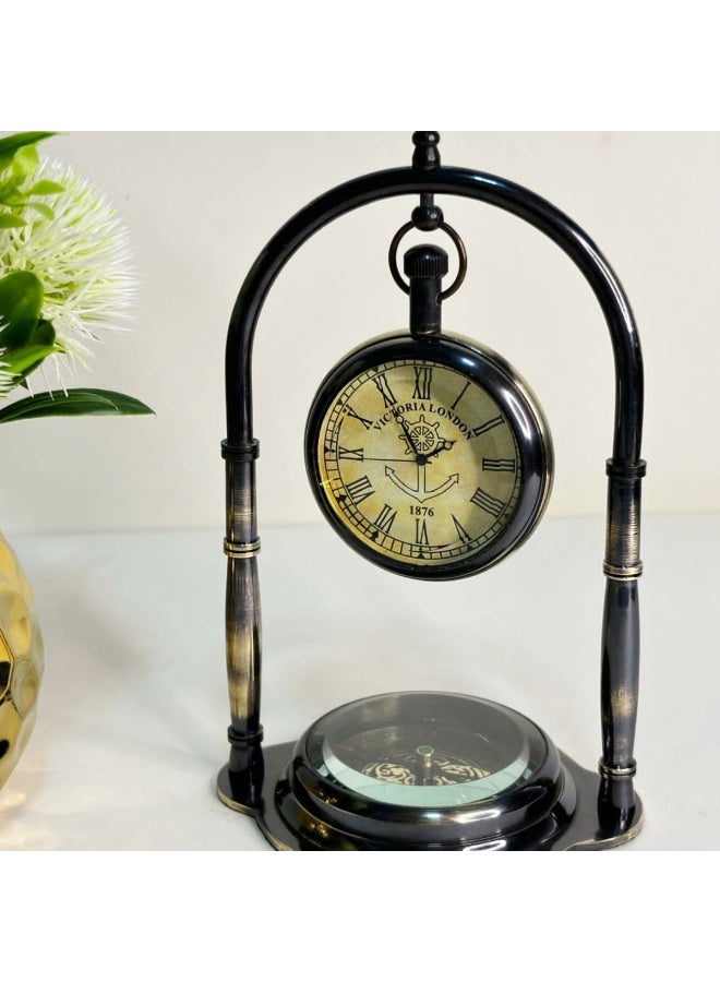 Rustic Charm Brass Desk Hanging Table Clock with Maritime Vintage Brass Compass - Image 1