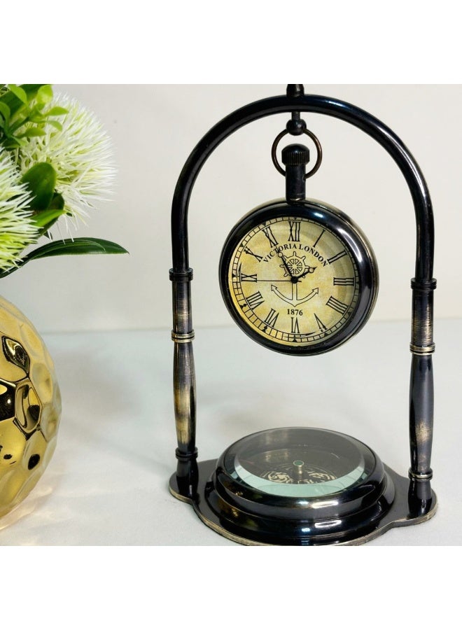 Rustic Charm Brass Desk Hanging Table Clock with Maritime Vintage Brass Compass - Image 2