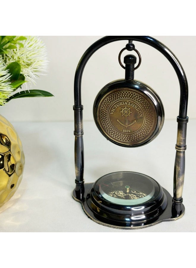 Rustic Charm Brass Desk Hanging Table Clock with Maritime Vintage Brass Compass - Image 3