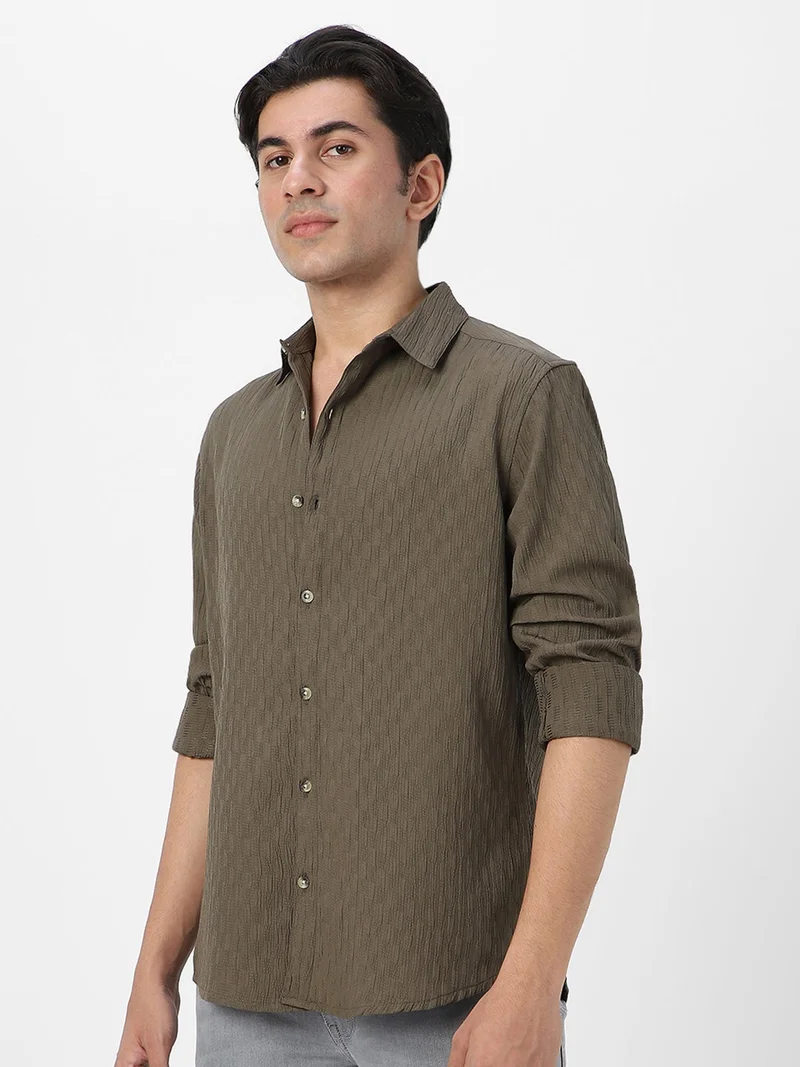Urbano Fashion  Urbano Fashion Men's Olive Green Cotton Full Sleeve Regular Fit Textured Shirt with Spread Collar  | Best Price UAE