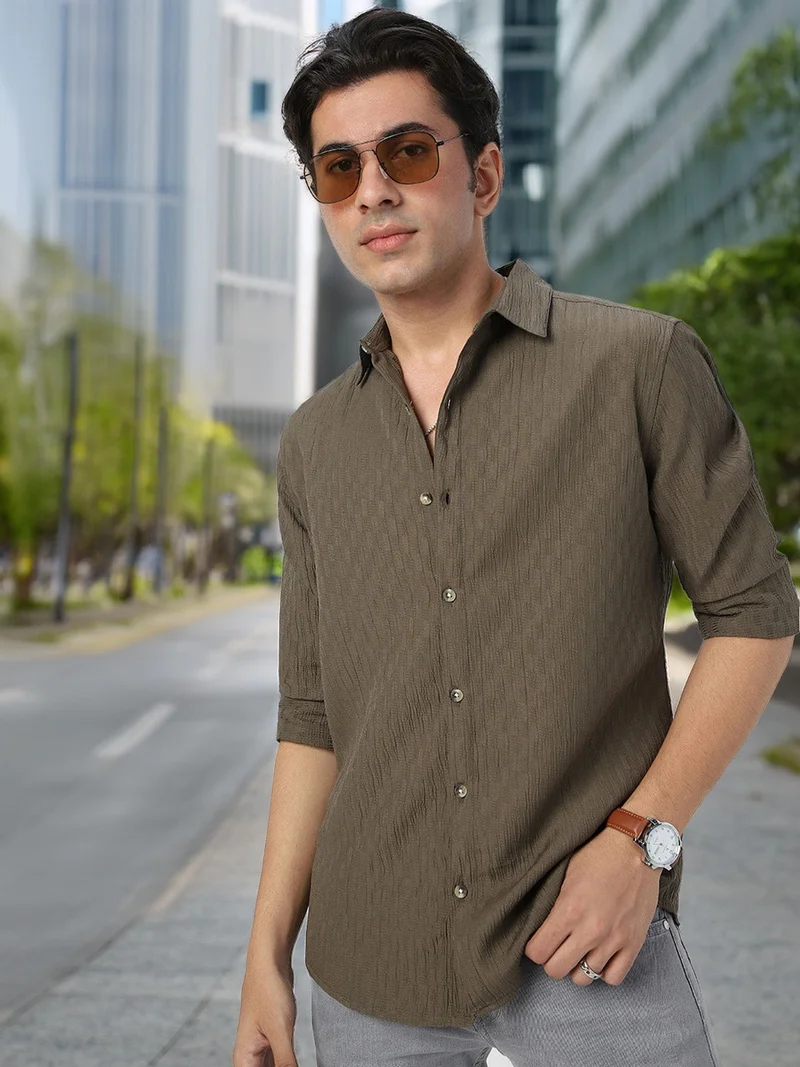 Urbano Fashion  Urbano Fashion Men's Olive Green Cotton Full Sleeve Regular Fit Textured Shirt with Spread Collar  | Best Price UAE