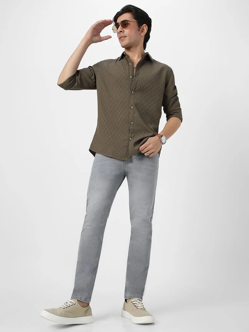 Urbano Fashion  Urbano Fashion Men's Olive Green Cotton Full Sleeve Regular Fit Textured Shirt with Spread Collar  | Best Price UAE