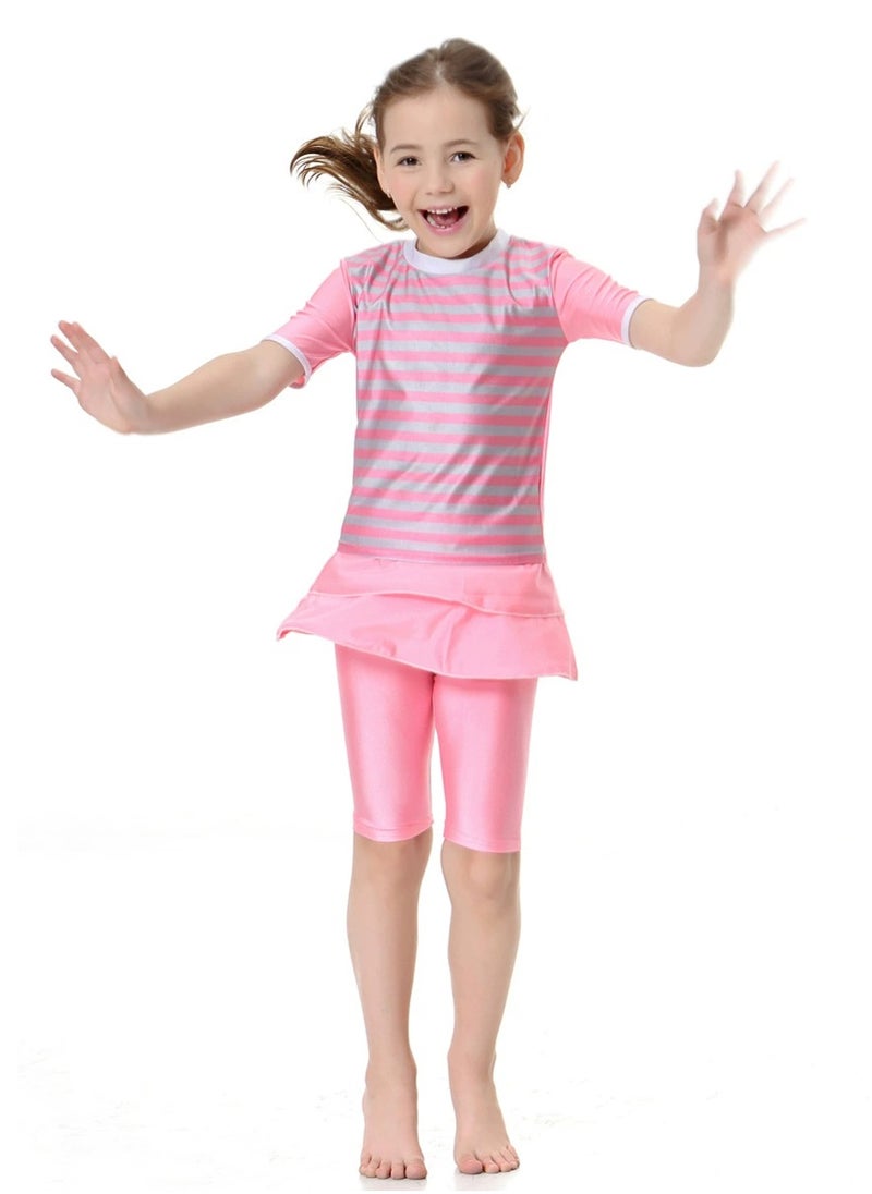 Loquat - 2-Piece Girls Short Sleeves Muslim Conservative Islamic Swimwear Burkinis Split Swimsuit Swimwear Pink - Image 1