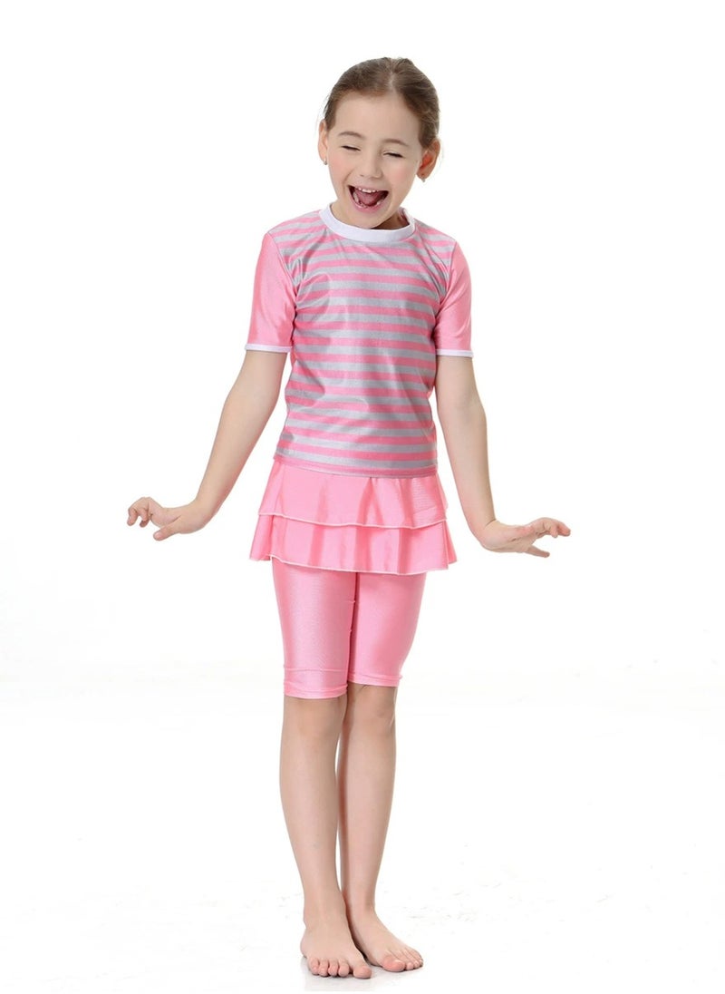 Loquat - 2-Piece Girls Short Sleeves Muslim Conservative Islamic Swimwear Burkinis Split Swimsuit Swimwear Pink - Image 1