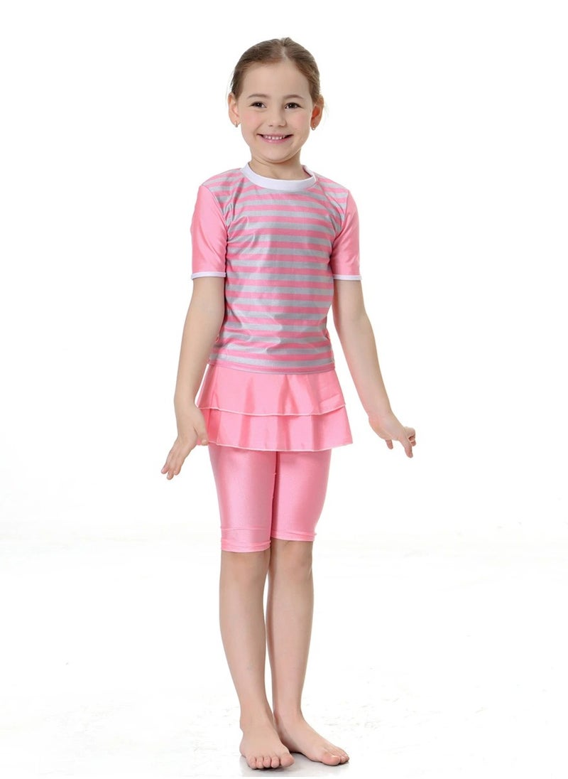 Loquat - 2-Piece Girls Short Sleeves Muslim Conservative Islamic Swimwear Burkinis Split Swimsuit Swimwear Pink - Image 1