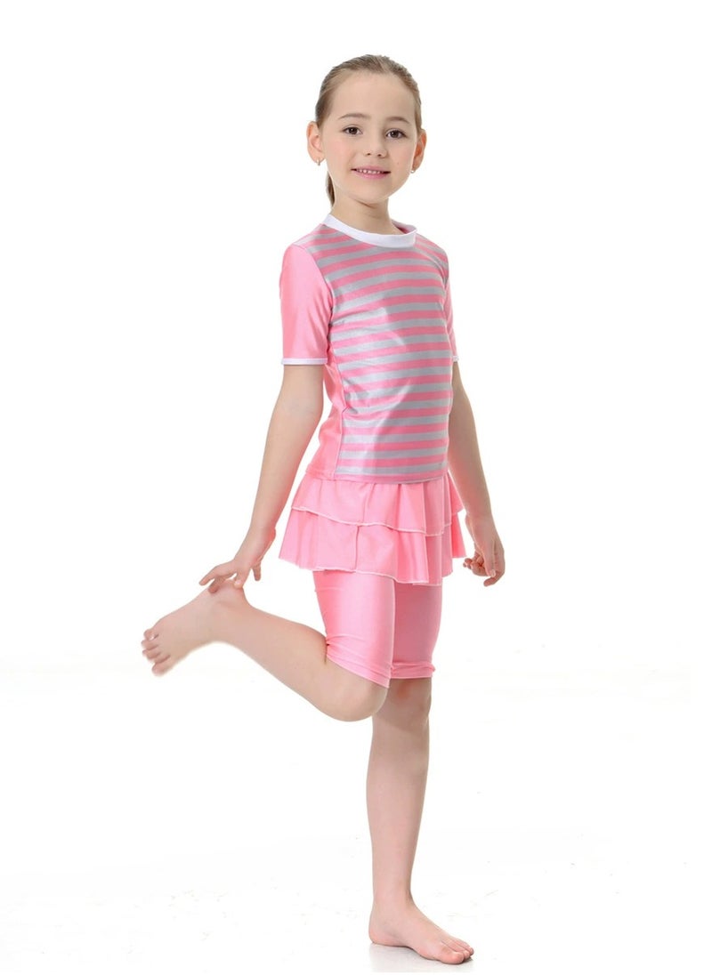 Loquat - 2-Piece Girls Short Sleeves Muslim Conservative Islamic Swimwear Burkinis Split Swimsuit Swimwear Pink - Image 1